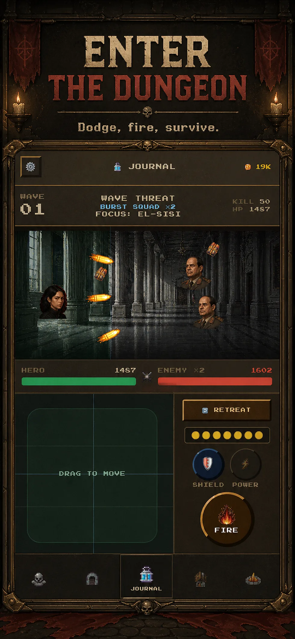 DungeonCrawlerIdle active combat screen.