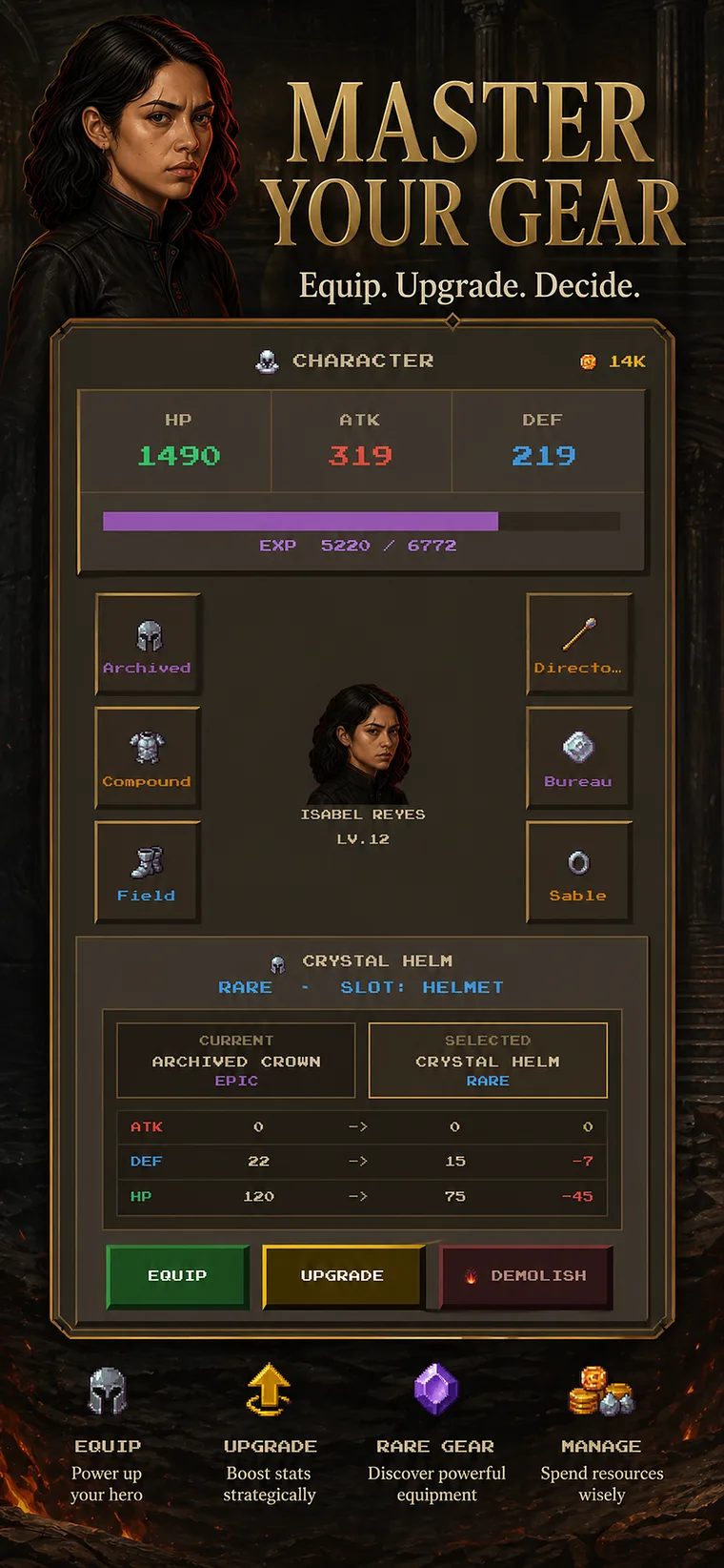 DungeonCrawlerIdle gear management screen.