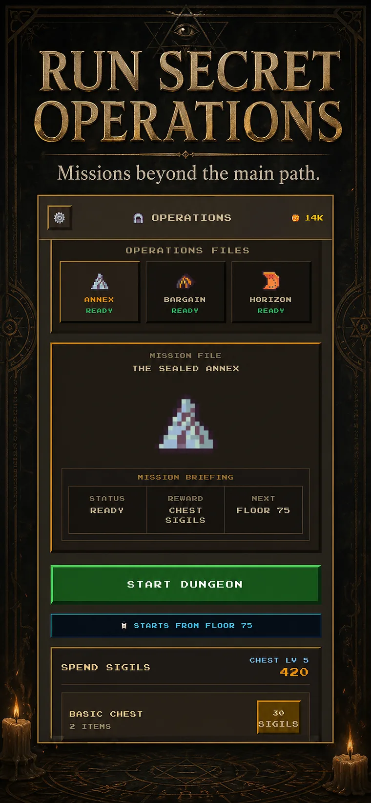 DungeonCrawlerIdle operations screen.