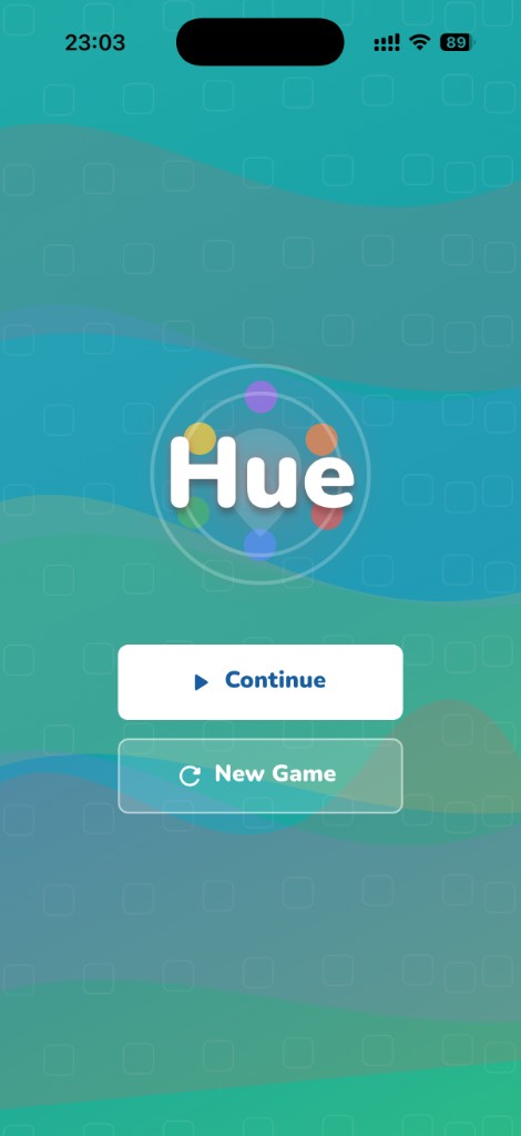 Hue Wash main menu with colorful logo.