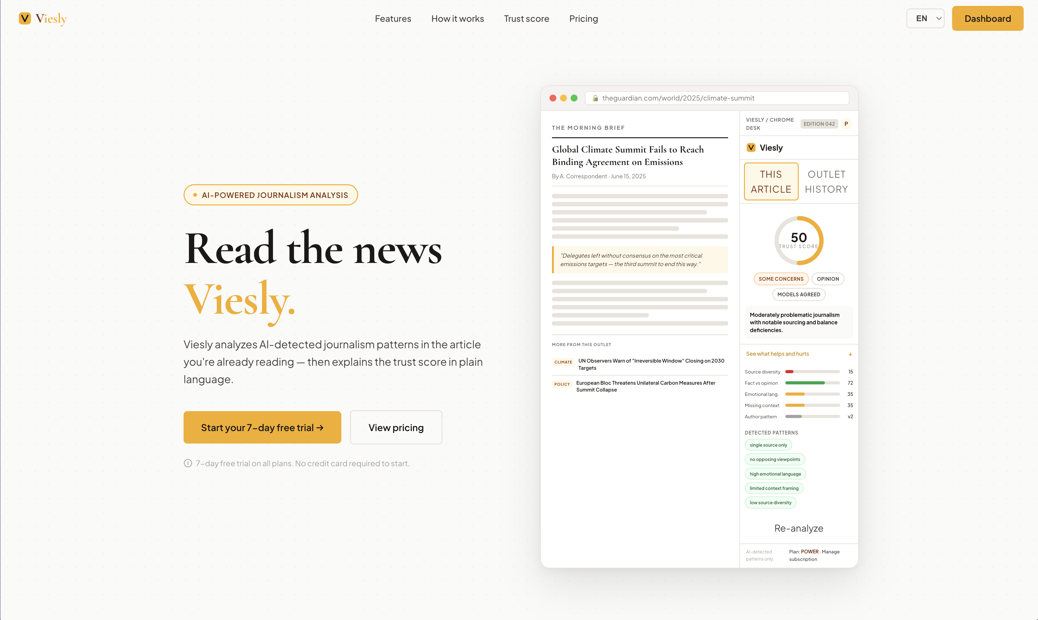 Viesly extension analyzing a news article